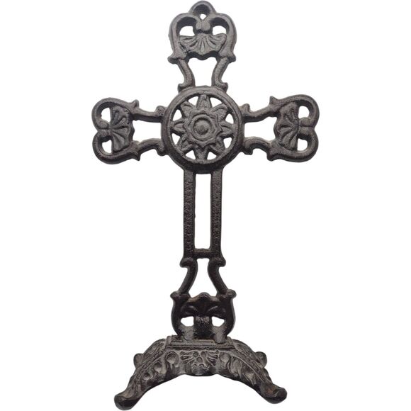 Vintage Celtic Sun Cast Iron Tabletop Cross Black Stand 10" Religious Christian - Picture 1 of 10